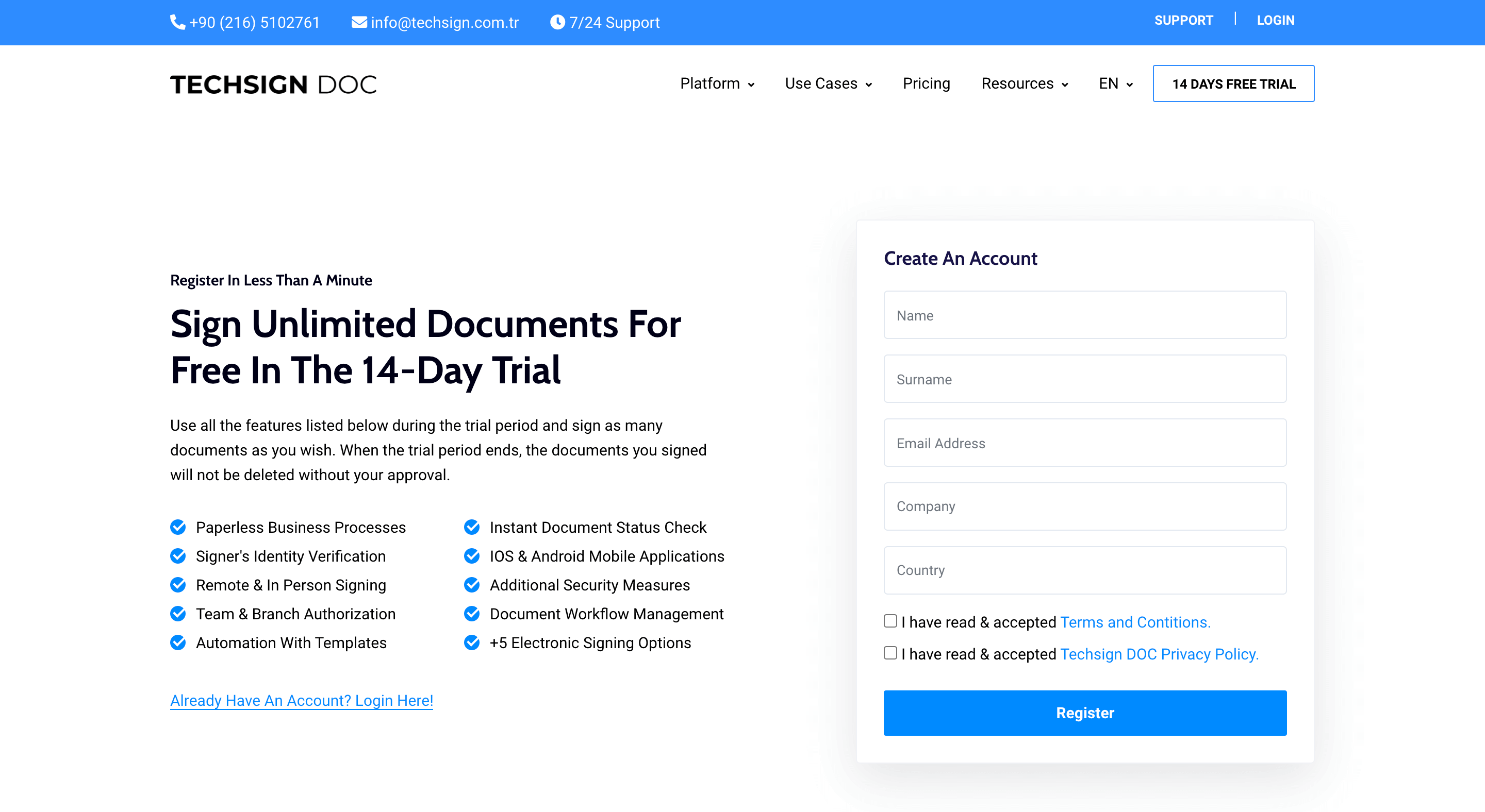 Techsign DOC 14 günlük deneme ve kayıt sayfası