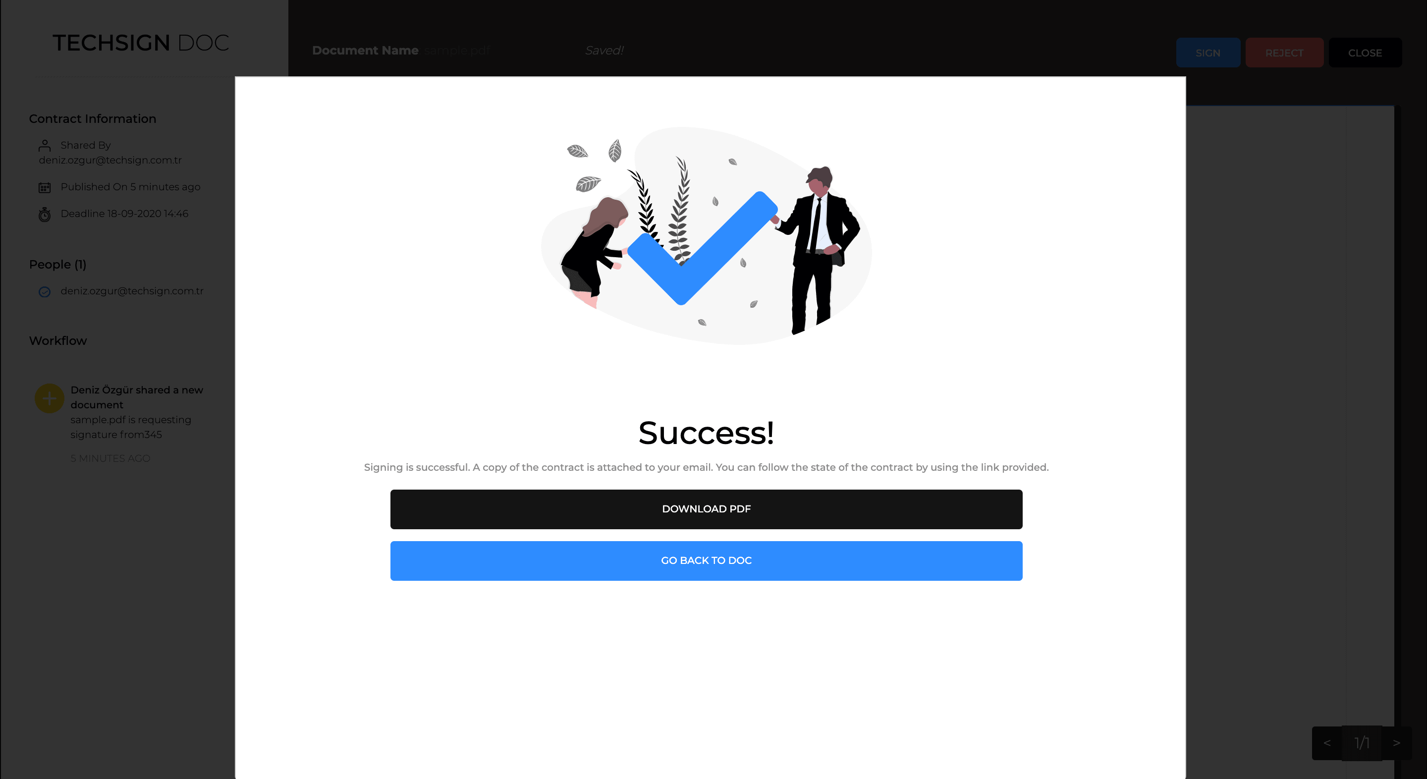 Techsign DOC Gösterge Tablosu İmzalı Belgeyi Gönderme