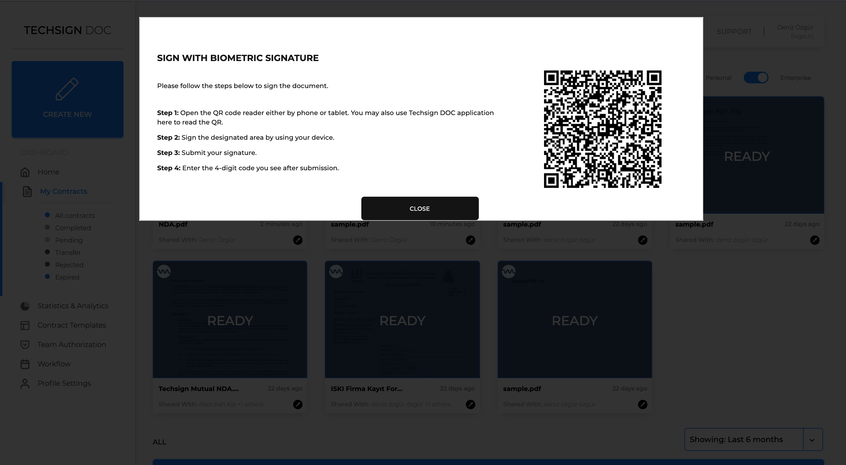 Biyometrik imza istendiğinde Techsign DOC Belge İmzalama Platformu QR dokunmatik ekranlı bir cihaza yönlendirme