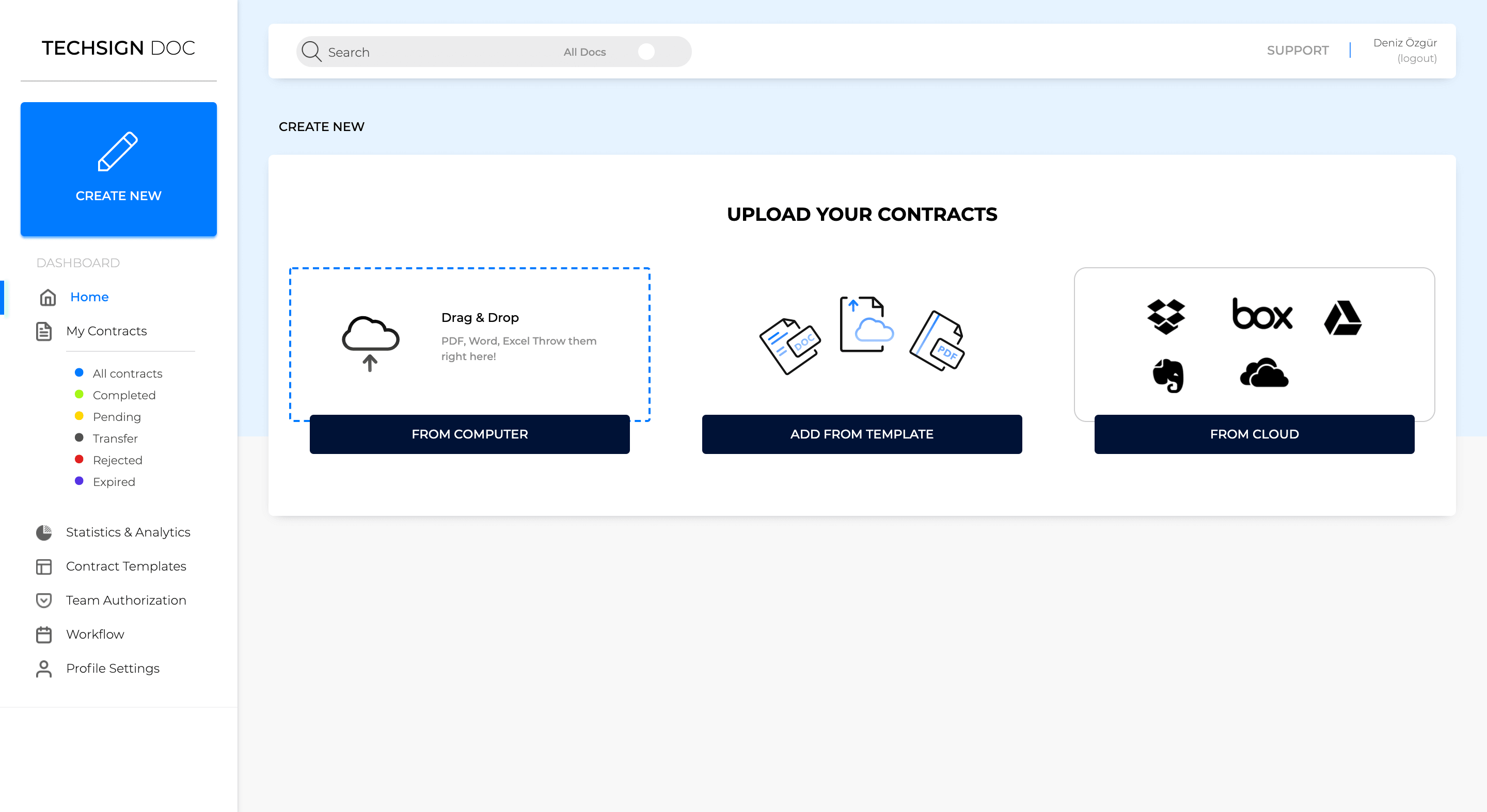 Yeni bir belge oluşturmak için Techsign DOC Dashboard yükleme dosyası