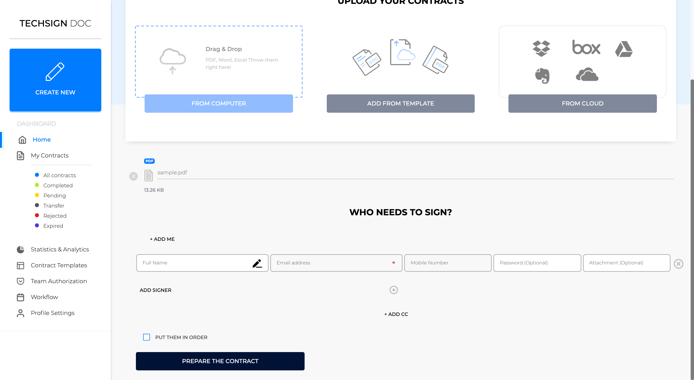 Techsign DOC Kontrol Paneline yeni bir belge oluşturmak için birden fazla alıcı giriyor