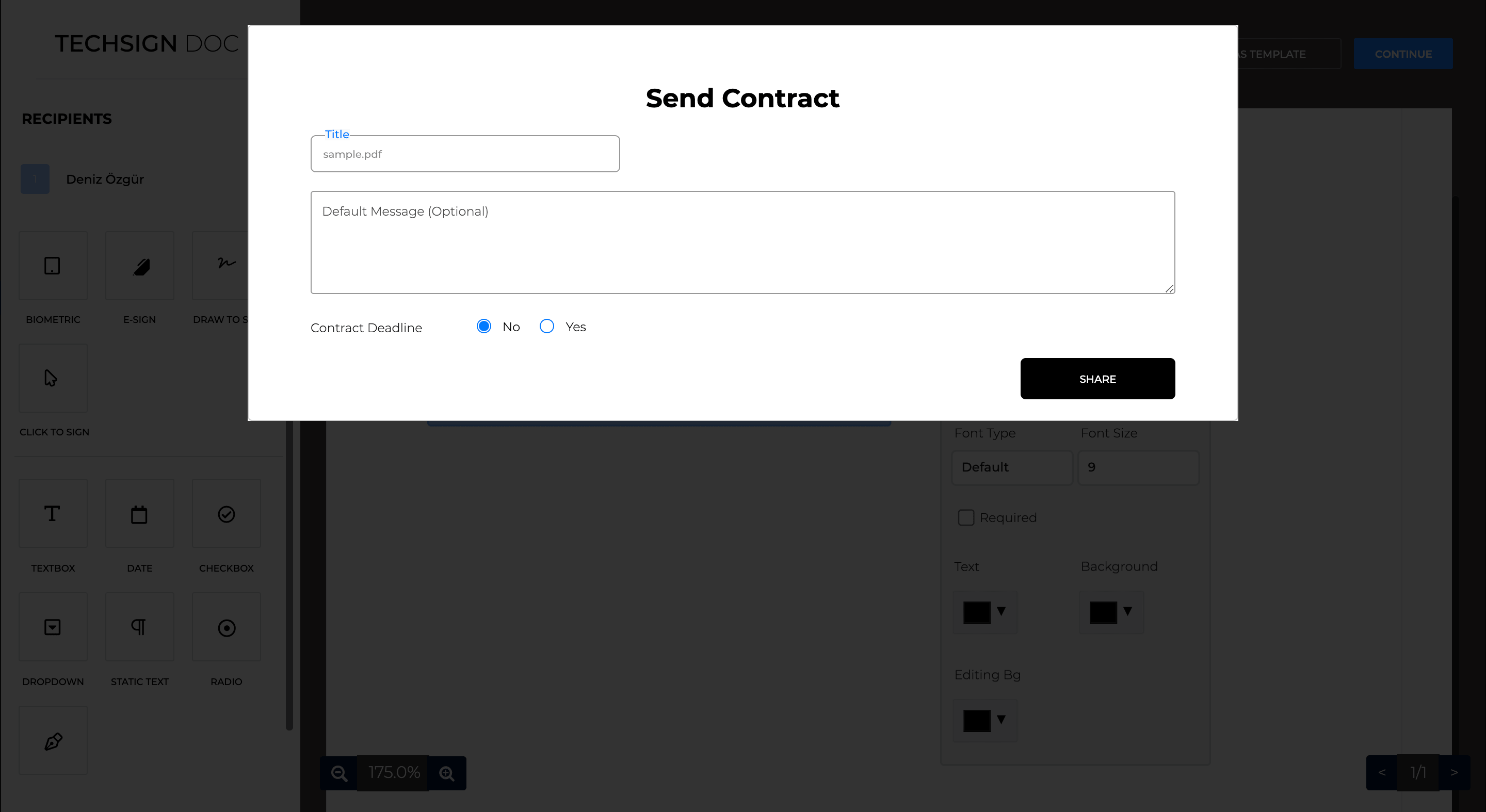 Techsign DOC Kontrol paneli belge imzalama son tarihi ve alıcılar için mesaj